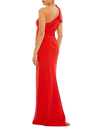 leena Bow-Shoulder Jersey Sheath Gown