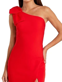 leena Bow-Shoulder Jersey Sheath Gown