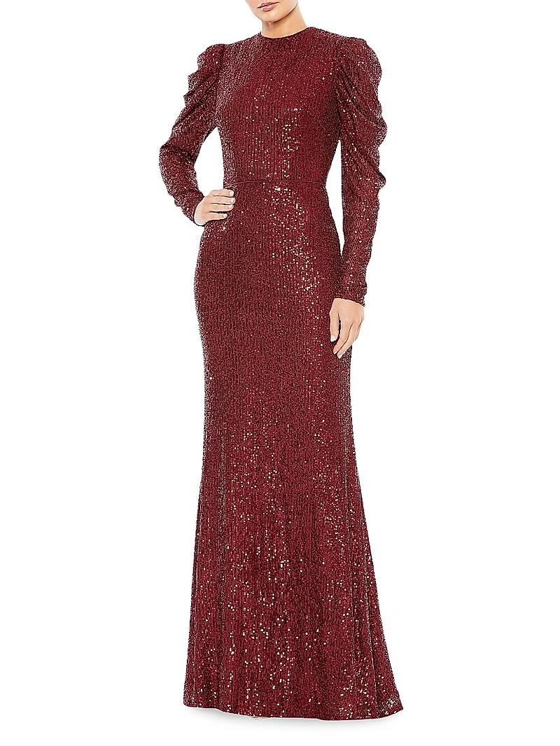 Sequined Puff-Sleeve Sheath Gown