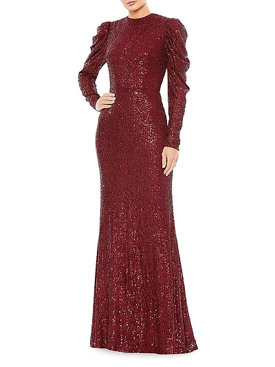 Sequined Puff-Sleeve Sheath Gown