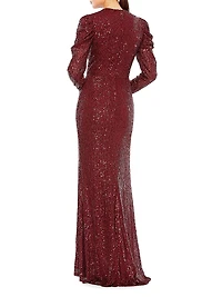 Sequined Puff-Sleeve Sheath Gown