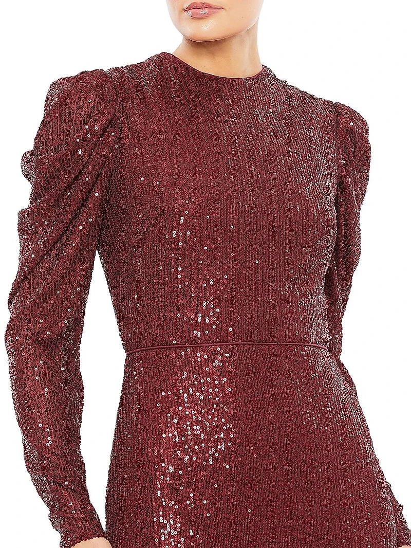 Sequined Puff-Sleeve Sheath Gown