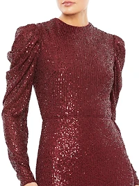 Sequined Puff-Sleeve Sheath Gown