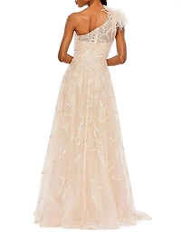 Sequin & Feather-Embellished Gown