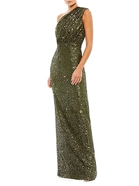 Sequined Ruched One-Shoulder Gown