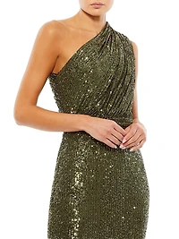 Sequined Ruched One-Shoulder Gown