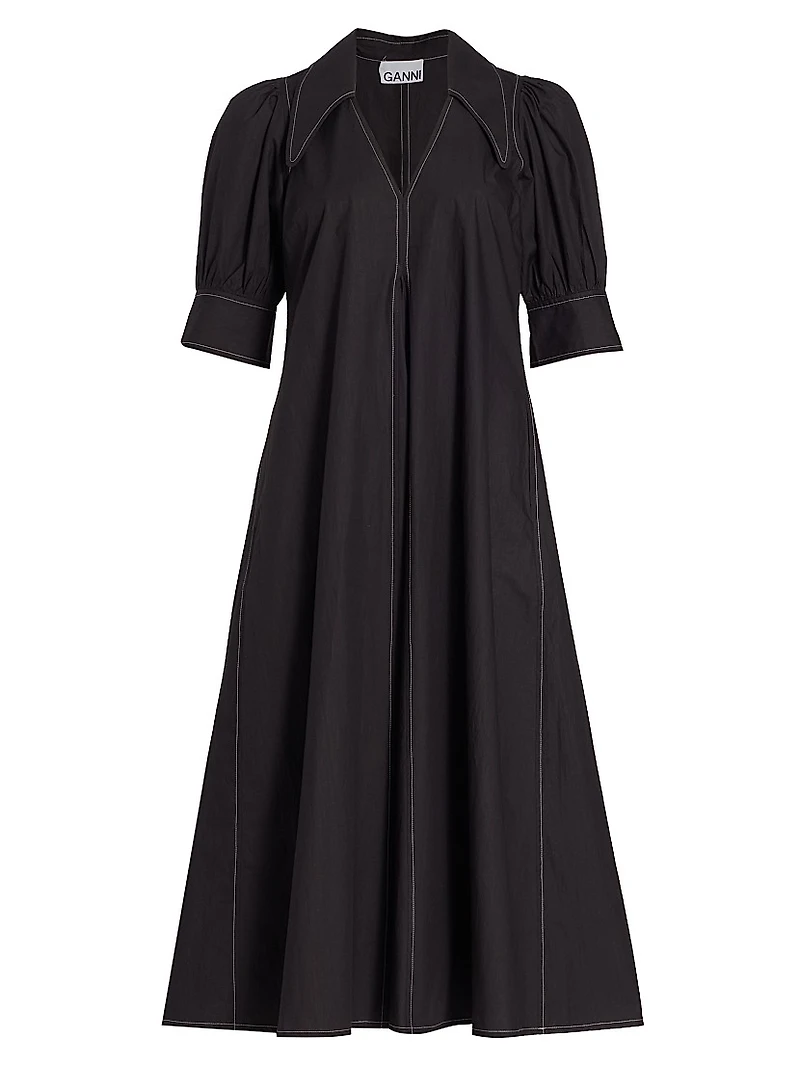 Cotton Poplin V-Neck Midi-Dress