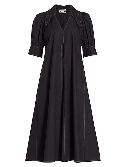 Cotton Poplin V-Neck Midi-Dress