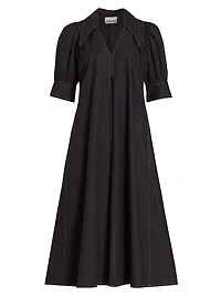 Cotton Poplin V-Neck Midi-Dress