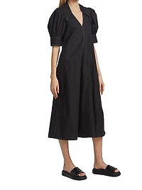 Cotton Poplin V-Neck Midi-Dress