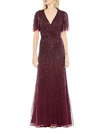 Embellished Tulle Wrap-Effect Column Gown