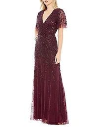Embellished Tulle Wrap-Effect Column Gown