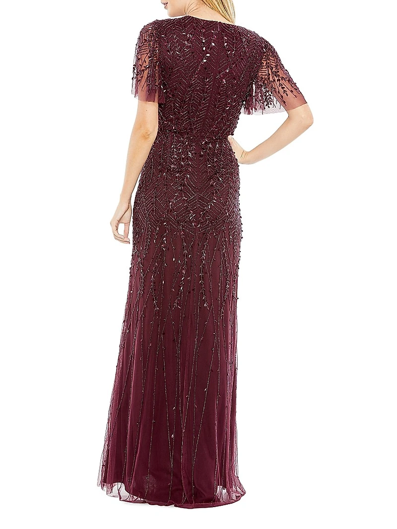 Embellished Tulle Wrap-Effect Column Gown