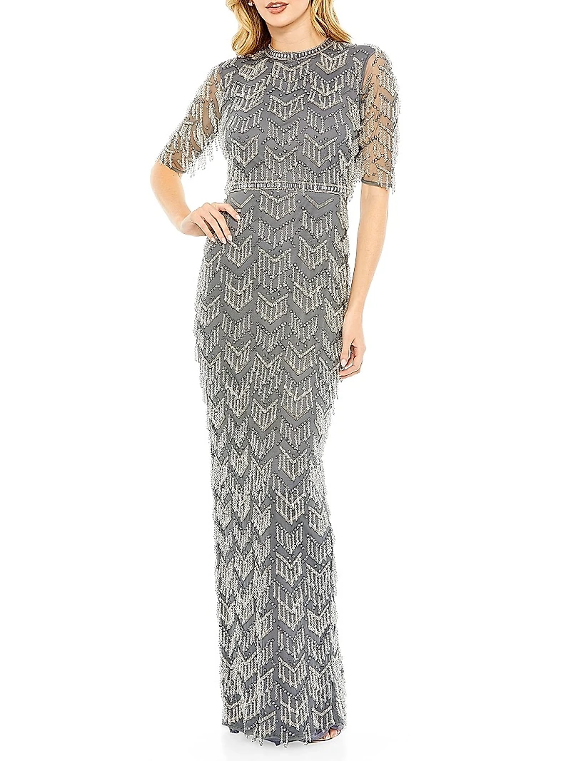 Beaded Fringe Column Gown