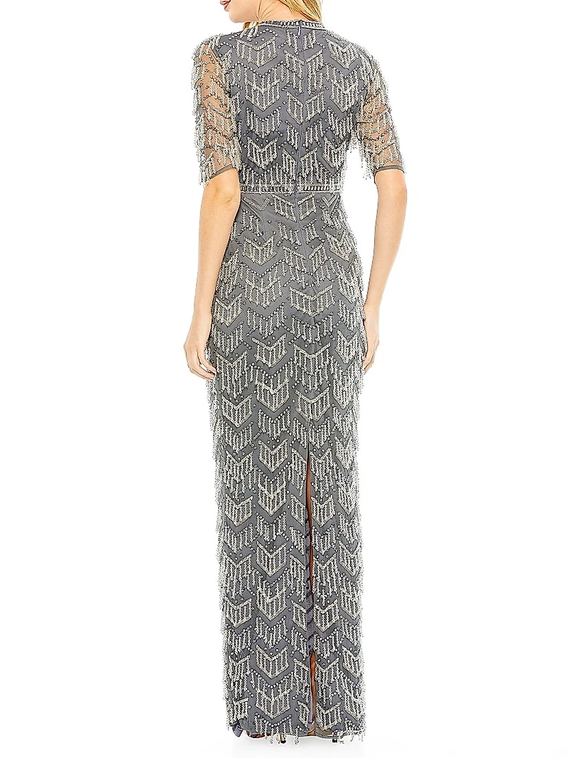 Beaded Fringe Column Gown