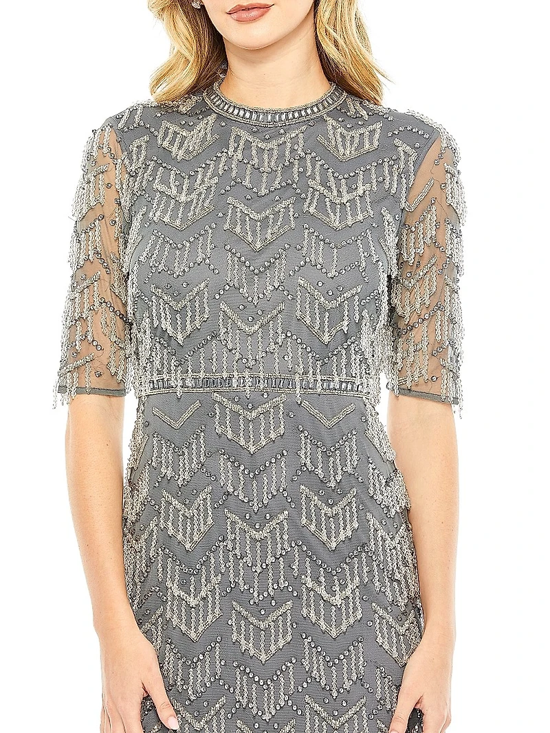 Beaded Fringe Column Gown