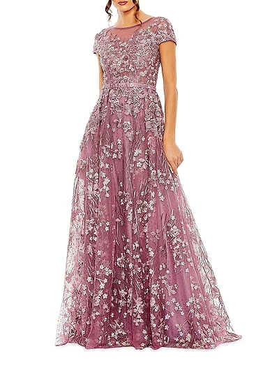 Beaded & Floral-Embroidered Gown