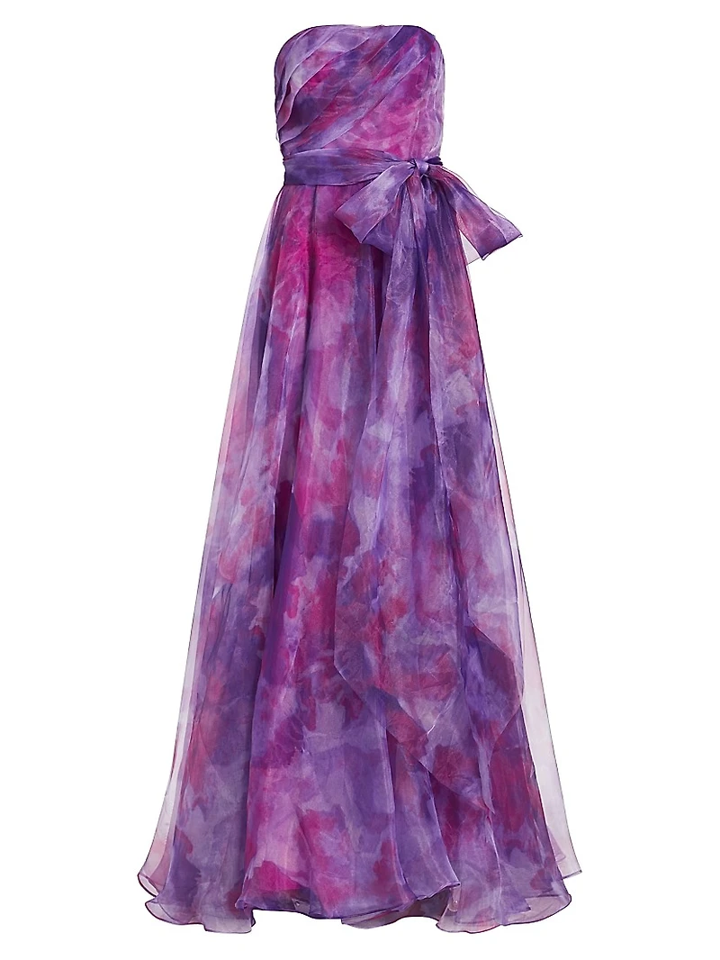 Printed Organza Strapless Gown