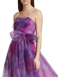 Printed Organza Strapless Gown