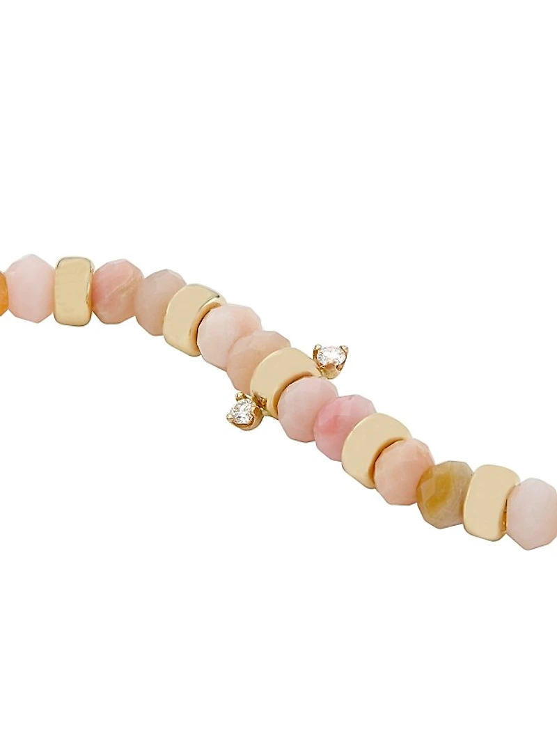 14K Yellow Gold, Pink Opal, & Diamond Beaded Bracelet