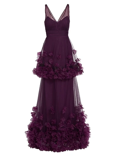 Tiered Floral-Appliqué Gown