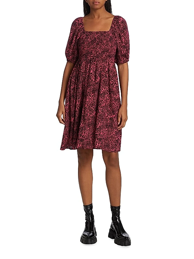 Rosygz Smocked Puff-Sleeve Minidress