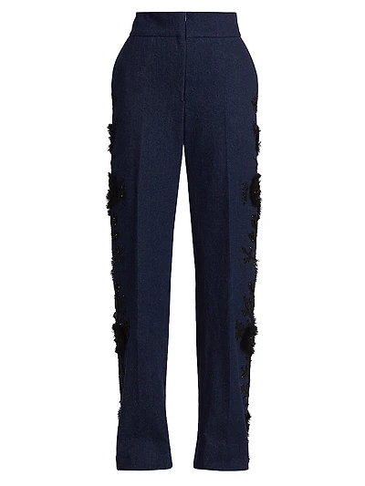 Rebirth Embroidered Flat-Front Denim Trousers