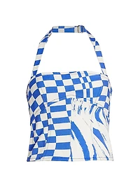 Wave & Check Denim Halterneck Top