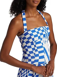 Wave & Check Denim Halterneck Top