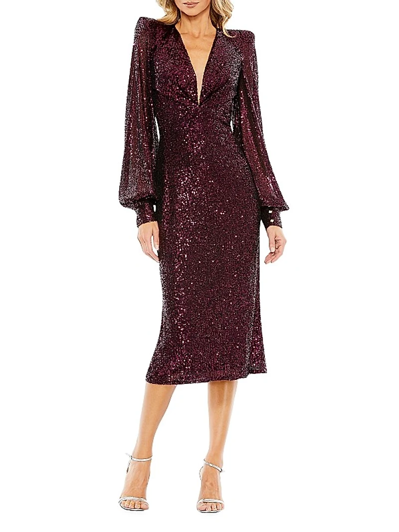 Sequin Structured Bishop-Sleeve Midi Dress