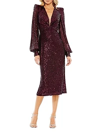 Sequin Structured Bishop-Sleeve Midi Dress