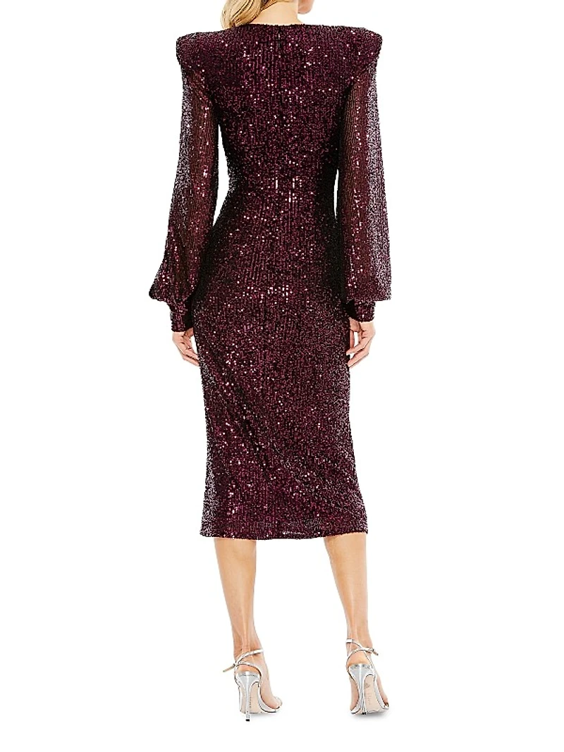 Sequin Structured Bishop-Sleeve Midi Dress