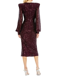 Sequin Structured Bishop-Sleeve Midi Dress