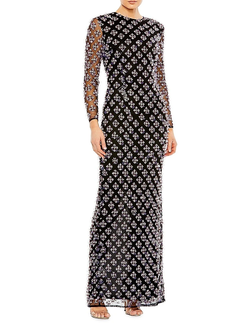 Beaded Long-Sleeve Gown