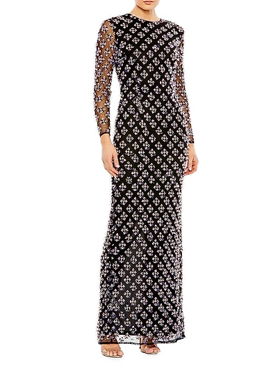 Beaded Long-Sleeve Gown