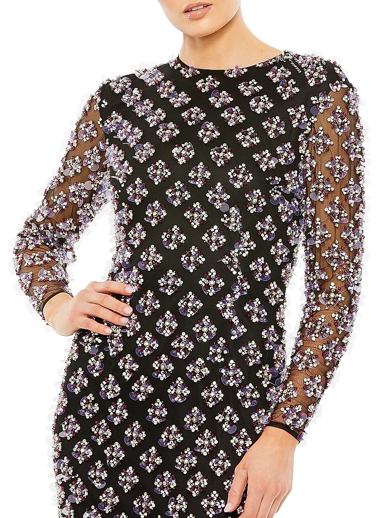 Beaded Long-Sleeve Gown