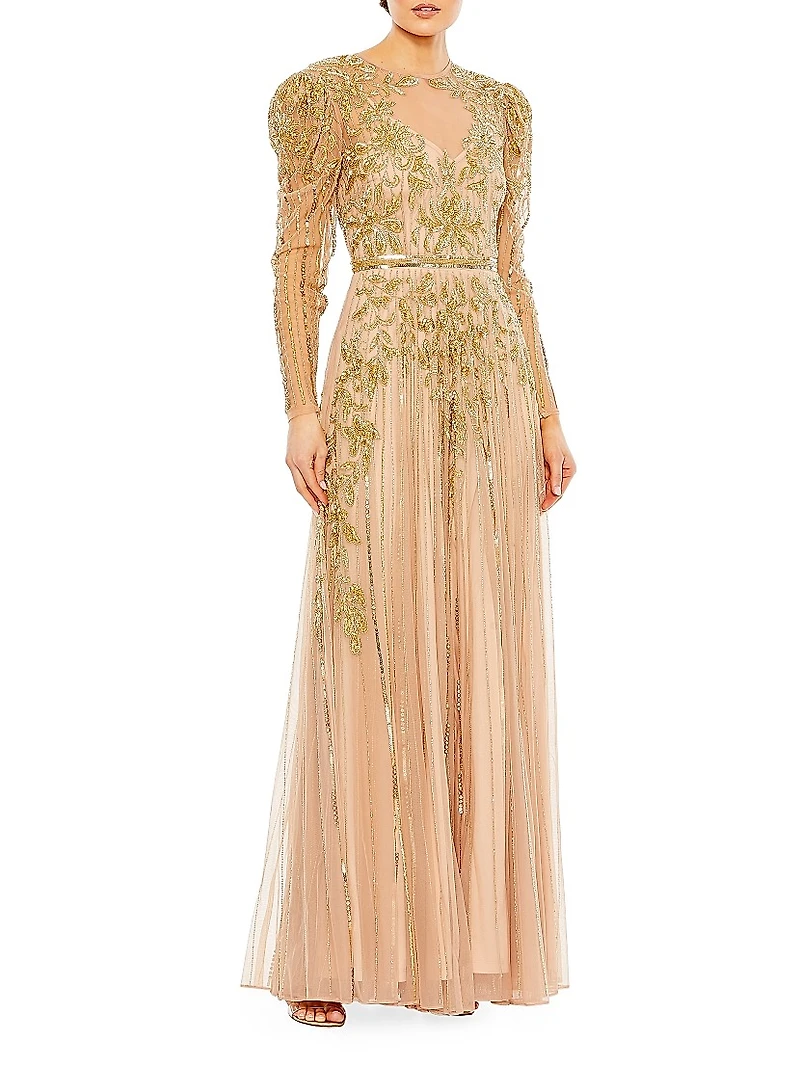 Beaded Illusion Puff-Sleeve Gown