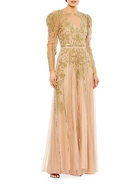 Beaded Illusion Puff-Sleeve Gown