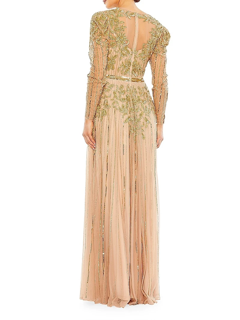 Beaded Illusion Puff-Sleeve Gown