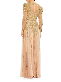 Beaded Illusion Puff-Sleeve Gown
