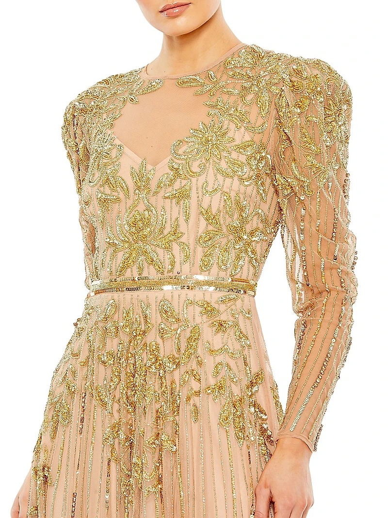 Beaded Illusion Puff-Sleeve Gown