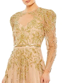 Beaded Illusion Puff-Sleeve Gown