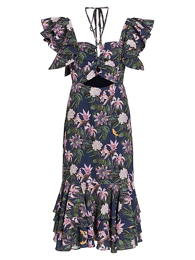 Chocolate Floral-Print Ruffled Midi-Dress