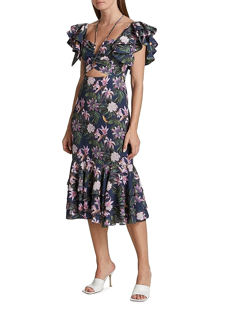 Chocolate Floral-Print Ruffled Midi-Dress