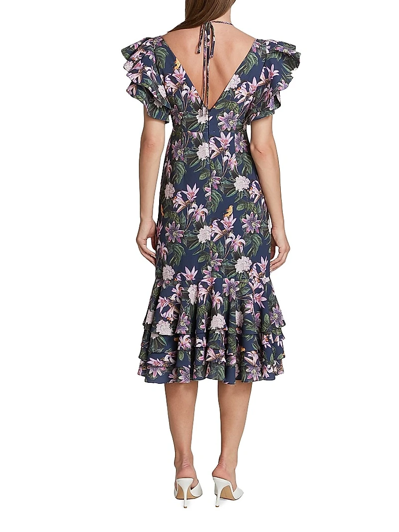 Chocolate Floral-Print Ruffled Midi-Dress