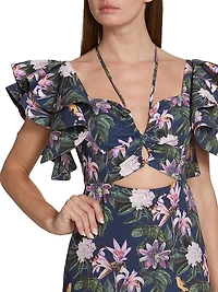 Chocolate Floral-Print Ruffled Midi-Dress