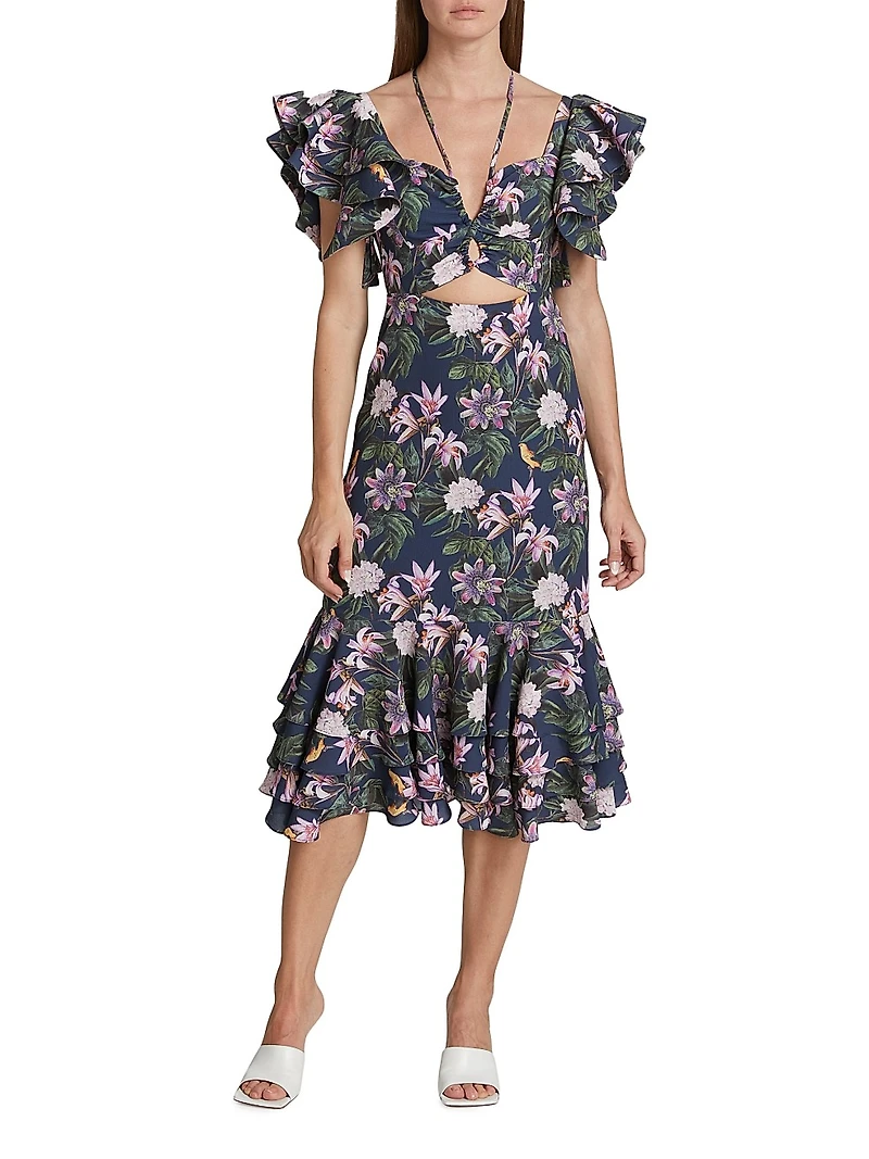 Chocolate Floral-Print Ruffled Midi-Dress