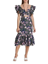 Chocolate Floral-Print Ruffled Midi-Dress