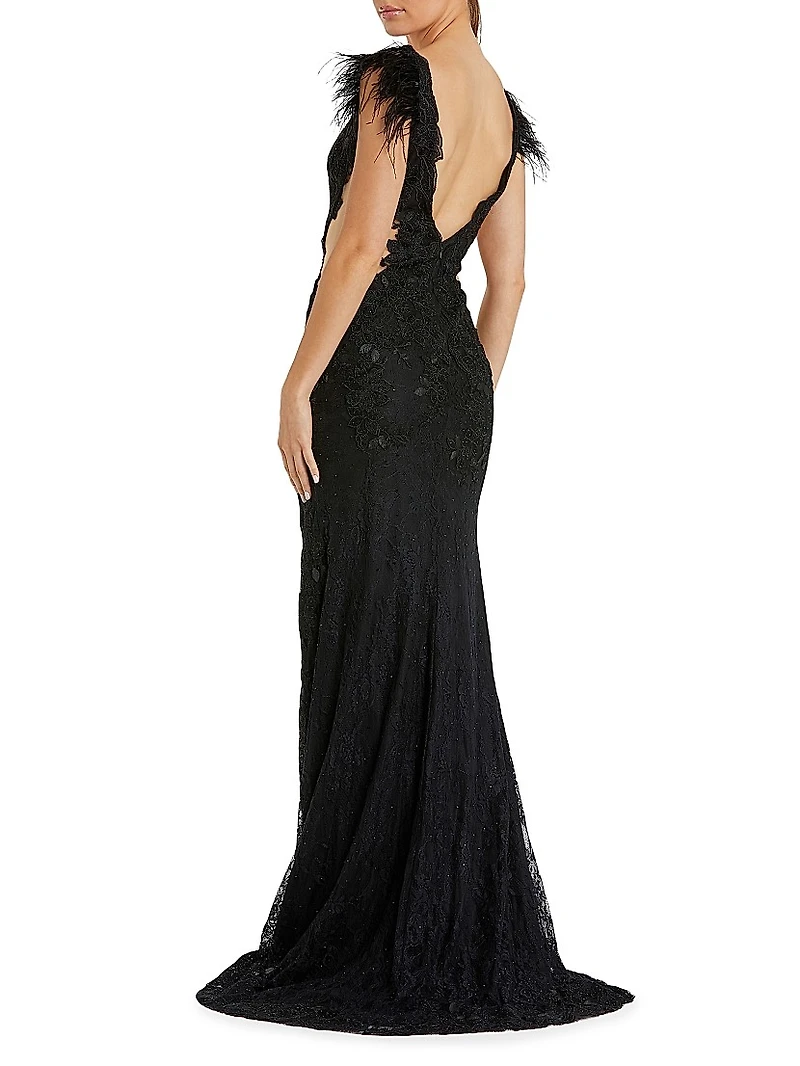 Feather-Trimmed Lace Wrap Gown