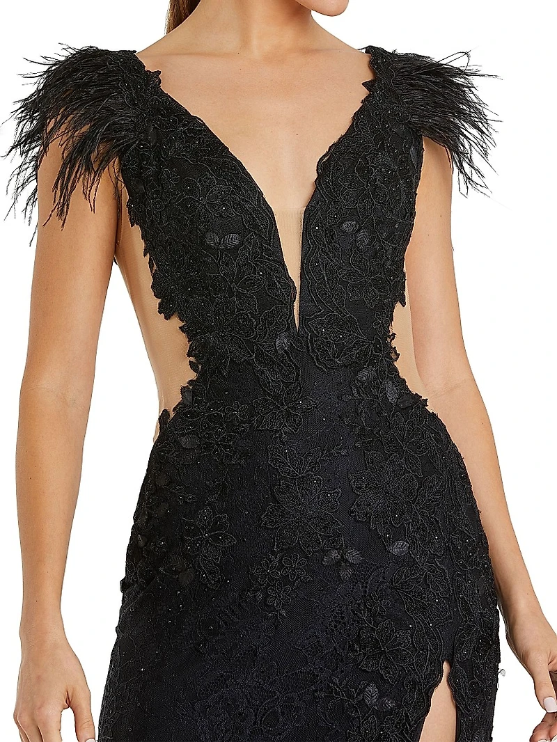 Feather-Trimmed Lace Wrap Gown